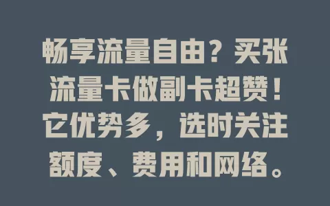 畅享流量自由？买张流量卡做副卡超赞！它优势多，选时关注额度、费用和网络。旅行出差玩游戏都好用，是提升流量体验的明智之选