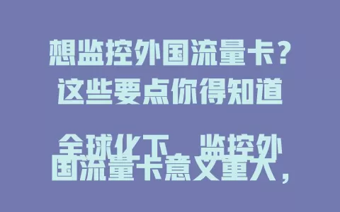 想监控外国流量卡？这些要点你得知道

全球化下，监控外国流量卡意义重大，跨境商务和研究人员都需它。但这并非易事，有网络政策差异、隐私合规等挑战。想监控，务必谨慎权衡，合法合规获取有价值信息。