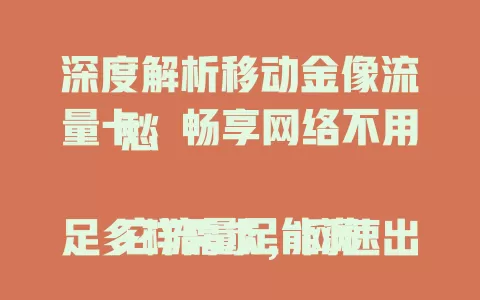 深度解析移动金像流量卡，畅享网络不用愁

它流量足能满足多样需求，网速出色不卡顿，套餐灵活可按需搭配，使用范围广，费用性价比高，是流量选择的不错之选，快了解！