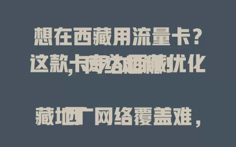 想在西藏用流量卡？这款卡专为西藏优化，网络超稳！

西藏地广网络覆盖难，普通卡受限。此卡针对西藏环境优化，适应高原信号传输，城市偏远地区都能稳定上网，减少卡顿延迟。长期在藏生活工作旅行的必备，畅享网络便捷！