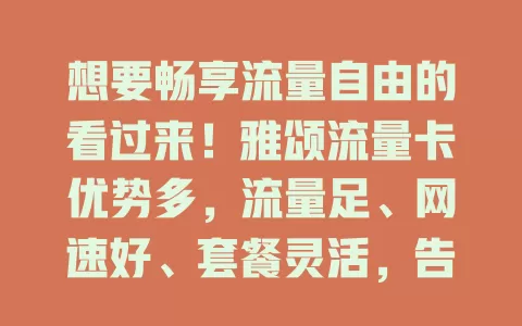 想要畅享流量自由的看过来！雅颂流量卡优势多，流量足、网速好、套餐灵活，告别流量焦虑，尽享便捷网络生活