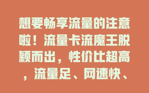 想要畅享流量的注意啦！流量卡流魔王脱颖而出，性价比超高，流量足、网速快、使用便捷，烦恼流量的快来关注！