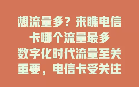 想流量多？来瞧电信卡哪个流量最多

数字化时代流量至关重要，电信卡受关注。其有多种流量卡，如动感地带系列、畅享套餐，还有特殊时期优惠卡。选流量最多的电信卡，得结合自身习惯考量，按需挑最适合的。