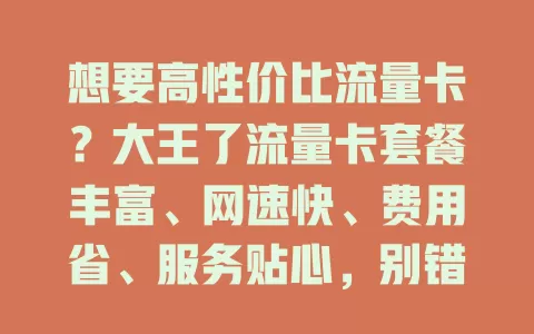 想要高性价比流量卡？大王了流量卡套餐丰富、网速快、费用省、服务贴心，别错过！