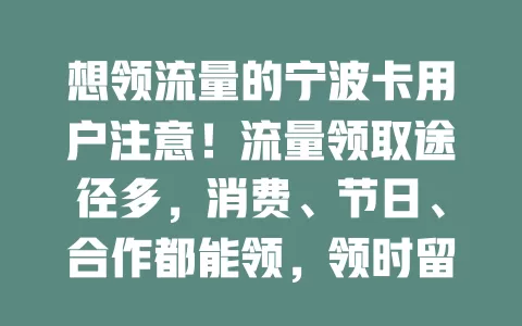 想领流量的宁波卡用户注意！流量领取途径多，消费、节日、合作都能领，领时留意规则通知，抓住契机轻松获量