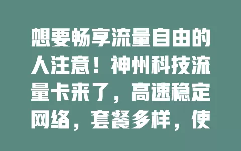想要畅享流量自由的人注意！神州科技流量卡来了，高速稳定网络，套餐多样，使用便捷，告别流量焦虑
