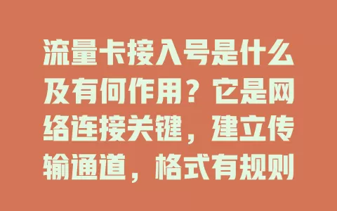 流量卡接入号是什么及有何作用？它是网络连接关键，建立传输通道，格式有规则，正确获取输入很重要，关乎流量卡正常运行与网络连接