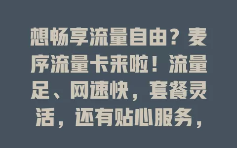 想畅享流量自由？麦序流量卡来啦！流量足、网速快，套餐灵活，还有贴心服务，助你开启全新流量之旅