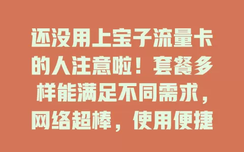 还没用上宝子流量卡的人注意啦！套餐多样能满足不同需求，网络超棒，使用便捷，是流量首选，快用它开启畅快上网之旅！