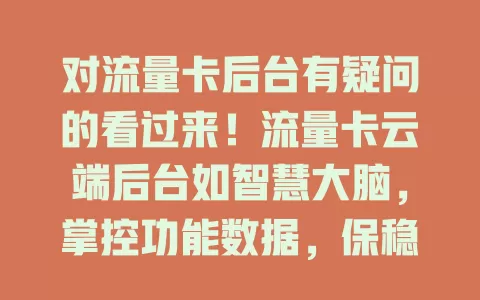 对流量卡后台有疑问的看过来！流量卡云端后台如智慧大脑，掌控功能数据，保稳定、供服务、护安全，带来便捷网络体验