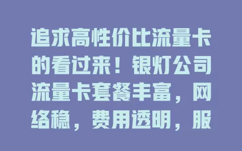追求高性价比流量卡的看过来！银灯公司流量卡套餐丰富，网络稳，费用透明，服务优，能带来便捷高效上网体验，别错过！
