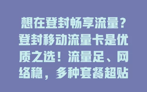 想在登封畅享流量？登封移动流量卡是优质之选！流量足、网络稳，多种套餐超贴心，应对各场景超轻松，别因流量烦，快来体验全新移动生活！