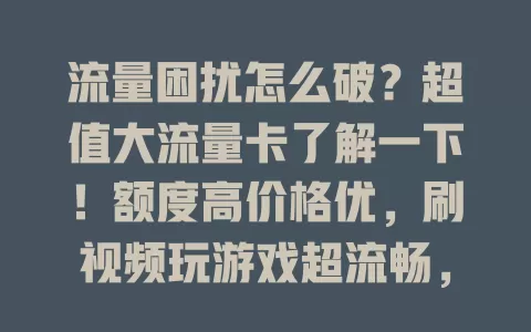 流量困扰怎么破？超值大流量卡了解一下！额度高价格优，刷视频玩游戏超流畅，办公学习也轻松，办理简便还有贴心服务，快来畅享便捷上网新体验！