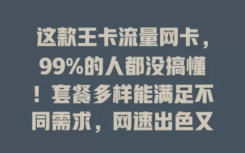 这款王卡流量网卡，99%的人都没搞懂！套餐多样能满足不同需求，网速出色又稳定，费用性价比高，你真了解它吗？快来探索适合你的上网方案