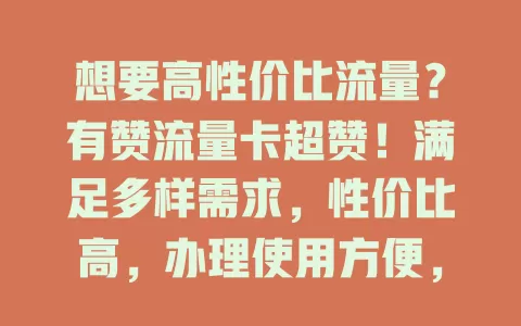 想要高性价比流量？有赞流量卡超赞！满足多样需求，性价比高，办理使用方便，网络稳定，不受地域限，别再为流量烦，快来试试！