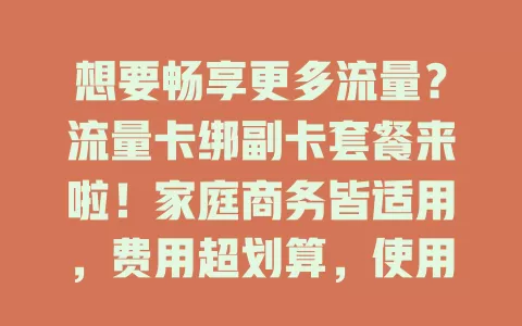 想要畅享更多流量？流量卡绑副卡套餐来啦！家庭商务皆适用，费用超划算，使用超便捷，共享流量新体验！