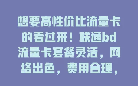 想要高性价比流量卡的看过来！联通bd流量卡套餐灵活，网络出色，费用合理，满足多样上网需求，助你畅享数字生活
