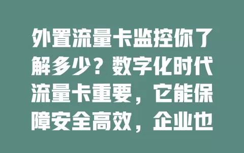 外置流量卡监控你了解多少？数字化时代流量卡重要，它能保障安全高效，企业也需它，实现方式多样，选时要考虑多因素，重视监控管理让流量更可控