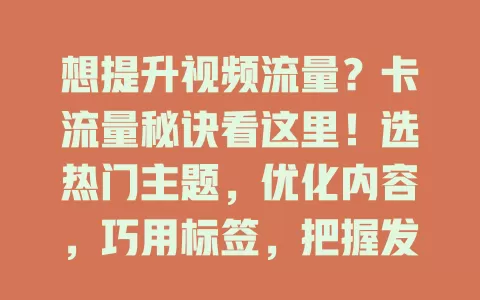 想提升视频流量？卡流量秘诀看这里！选热门主题，优化内容，巧用标签，把握发布时机，如上班族晚上7到10点、学生周末及作业后时段发布，让视频流量up！