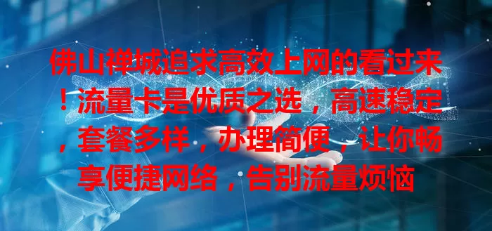 佛山禅城追求高效上网的看过来！流量卡是优质之选，高速稳定，套餐多样，办理简便，让你畅享便捷网络，告别流量烦恼