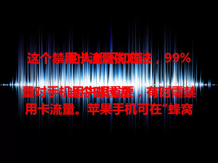 这个禁用卡流量的方法，99%的人都不知道！

当今时代流量对手机用户很重要，有时需禁用卡流量。苹果手机可在“蜂窝网络”设置，安卓手机在“流量管理”等操作，双卡双待分清主副卡，还能用安全软件辅助，让流量使用更合理高效。
