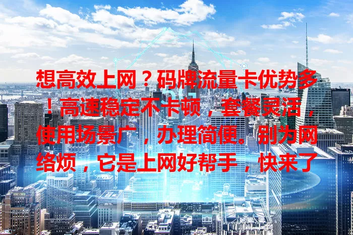 想高效上网？码牌流量卡优势多！高速稳定不卡顿，套餐灵活，使用场景广，办理简便。别为网络烦，它是上网好帮手，快来了解开启精彩网络生活！