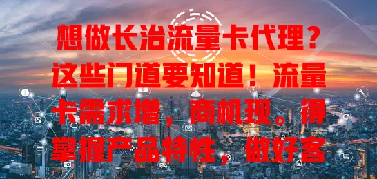 想做长治流量卡代理？这些门道要知道！流量卡需求增，商机现。得掌握产品特性，做好客户服务，紧跟市场动态，用心经营各环节，才能在长治流量卡代理领域获佳绩