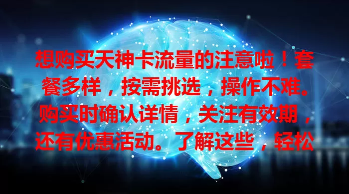 想购买天神卡流量的注意啦！套餐多样，按需挑选，操作不难。购买时确认详情，关注有效期，还有优惠活动。了解这些，轻松购适合套餐，畅享数字生活