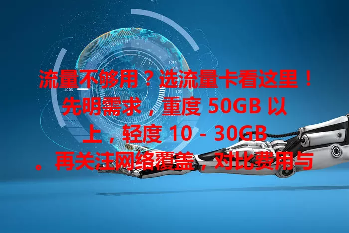 流量不够用？选流量卡看这里！先明需求，重度 50GB 以上，轻度 10 - 30GB。再关注网络覆盖，对比费用与额度选性价比高的，留意附加服务，多因素综合选适合自己的流量卡