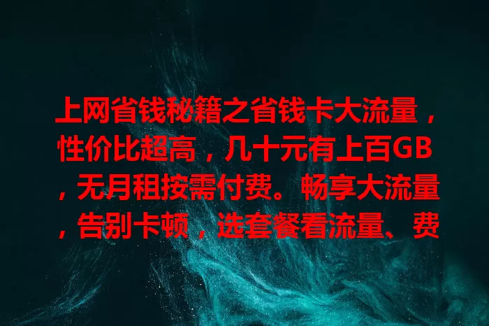 上网省钱秘籍之省钱卡大流量，性价比超高，几十元有上百GB，无月租按需付费。畅享大流量，告别卡顿，选套餐看流量、费用和口碑，快来试试！