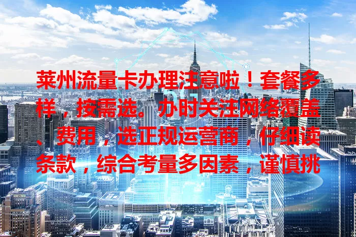 莱州流量卡办理注意啦！套餐多样，按需选。办时关注网络覆盖、费用，选正规运营商，仔细读条款，综合考量多因素，谨慎挑选，让网络生活更便捷。