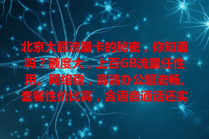 北京大额流量卡的秘密，你知道吗？额度大，上百GB流量任性用。网络稳，高清办公超流畅。套餐性价比高，含语音通话还实惠。选卡要留意内容和覆盖，全面考量挑适合的，畅享网络生活！