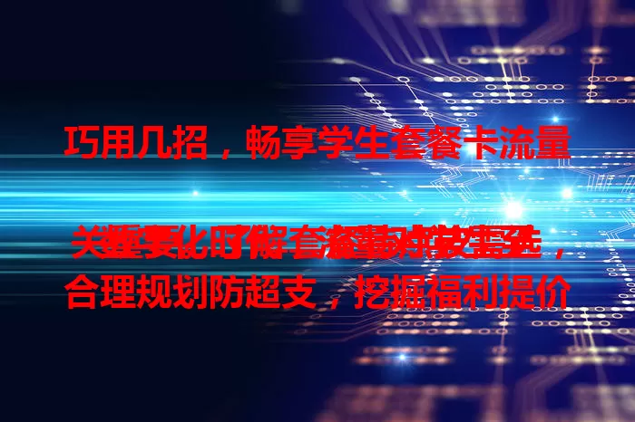 巧用几招，畅享学生套餐卡流量

数字化时代，流量对学生至关重要。了解套餐特点按需选，合理规划防超支，挖掘福利提价值，掌握技巧升效率，如此便能在有限流量内畅享网络精彩，让学习生活更便捷丰富。